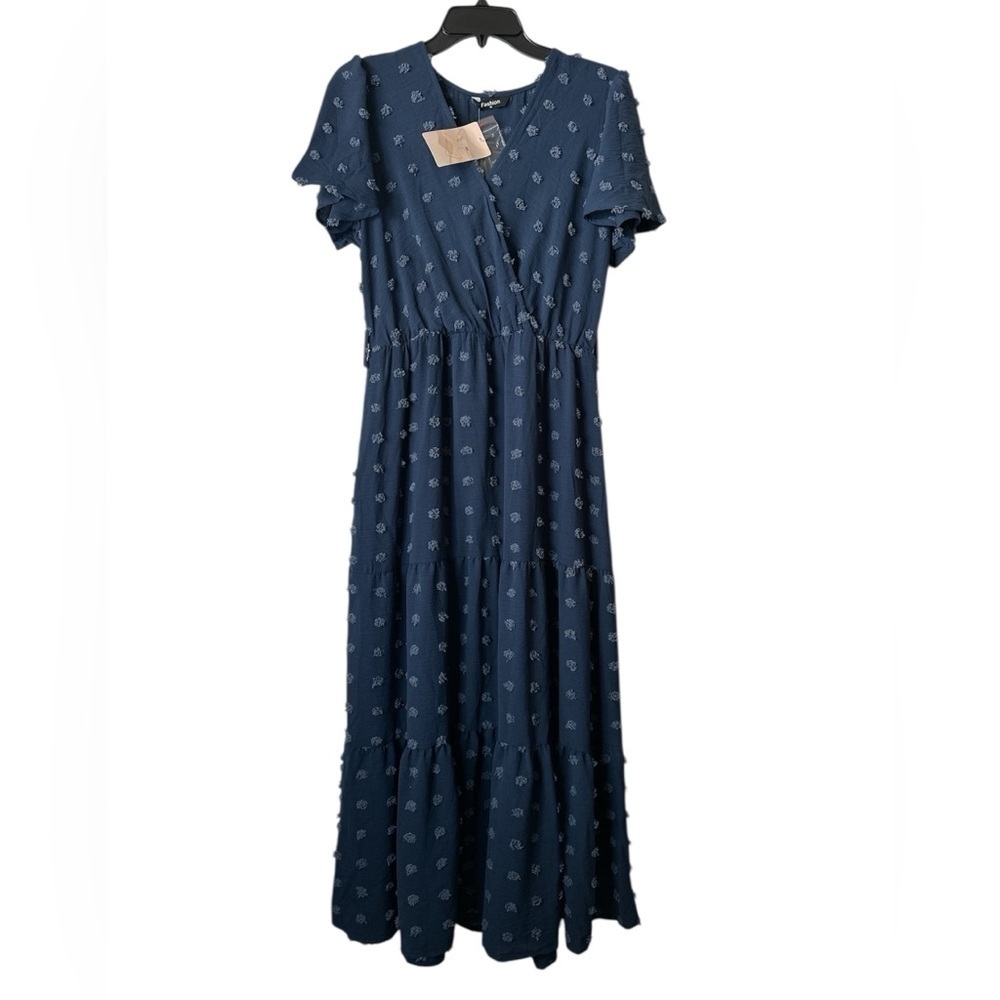 Blue Midi Flutted Short Sleeves Flowy Summer Medium Casual Dress BNWT